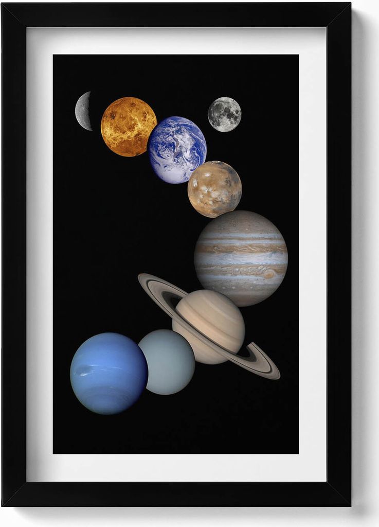 Illustration der Planeten des Sonnensystems– Wandbild mit Rahmen – Gerahmtes Bild – Wanddekoration – 20x30 cm – Schwarz