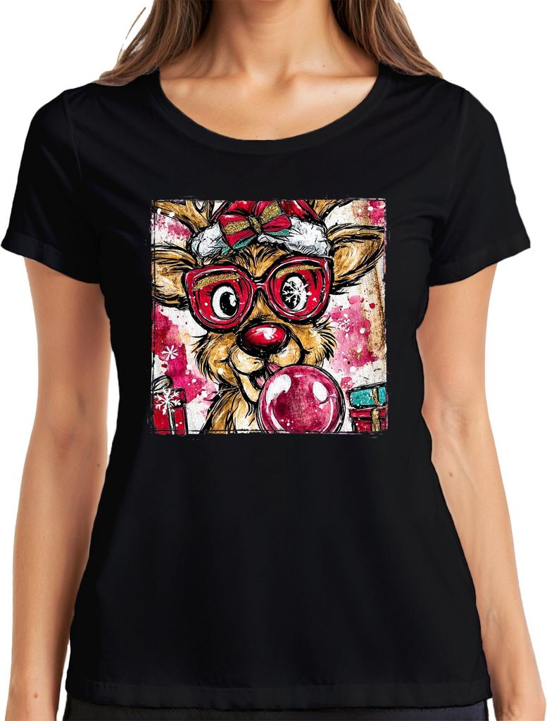 Weihnachtsrentier Brille Kaugummi Schleife Geschenk lustig Retro Damen T-Shirt, Schwarz, M