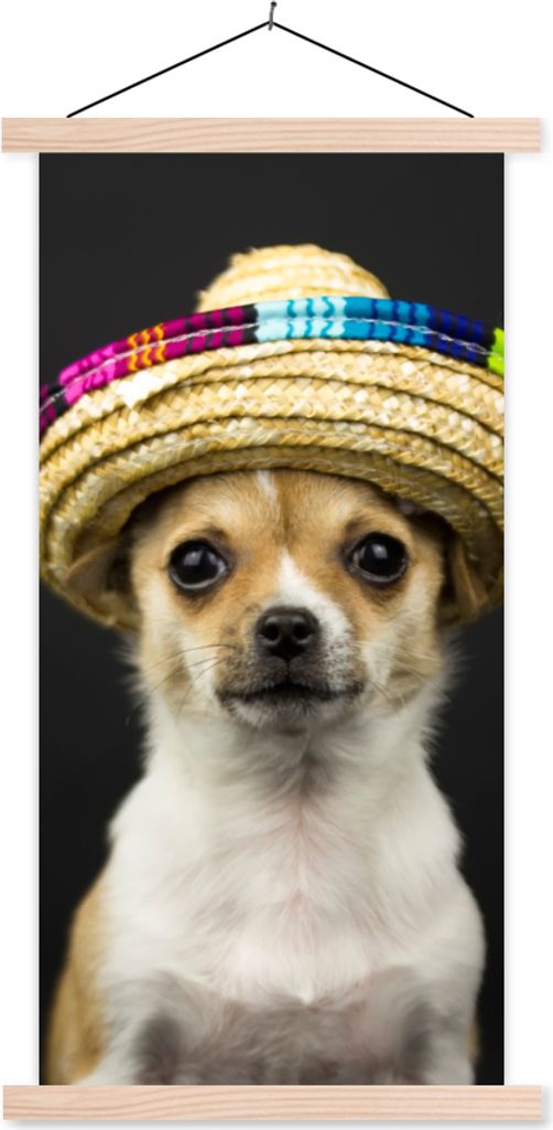 MuchoWow Textilposter Hund - Sombrero - Schwarz 40x80 cm mit holzfarbenen Rahmen - Wohnzimmer