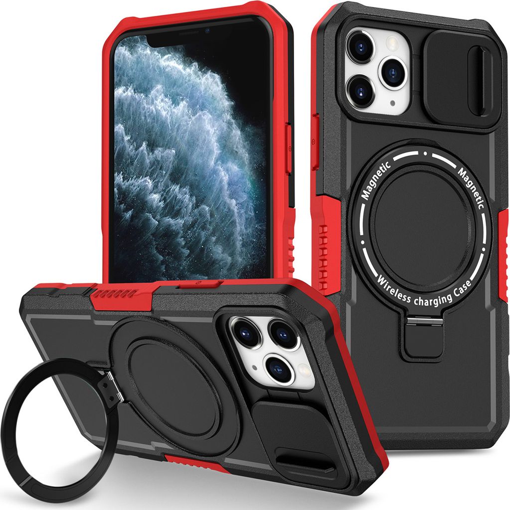 Handyhülle für iPhone 11 Pro Kompatibel mit MagSafe, Robuste Hülle mit Schiebe Kamera Schutz, Magnetischer Ringständer Schwarz Rot