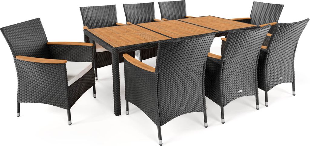 A patio dining set with a wooden table and eight chairs.