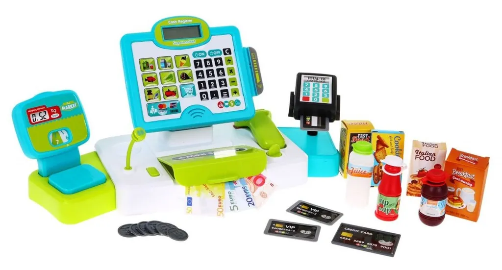 Caisse Enregistreuse en Bois pour Enfants avec Scanner, Calculatrice Réaliste, Jeux d'argent / Pièces de Monnaie / Carte de Crédit / Panier d'achat, Jouets Cadeau pour Garçons Filles, Rose