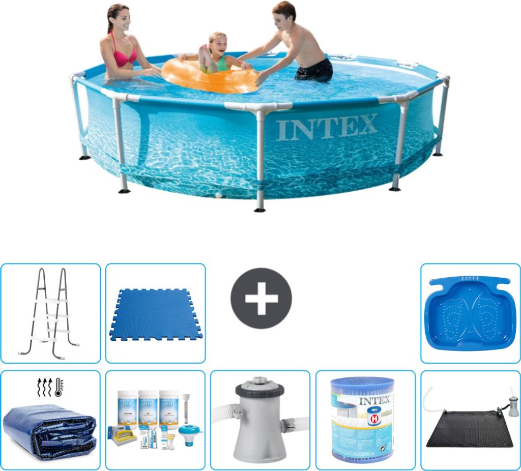 Intex-Schwimmbecken mit rundem Rahmen – 305 x 76 cm – Wasserdruck – im Lieferumfang enthalten Sonnensegel - Wartungspaket - Filterpumpe für ...