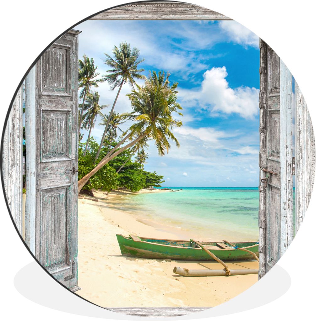 MuchoWow Aluminium Wandkreis Kanu - Strand - Palme - Aussicht Ø 30 cm Wanddeko Modern Wohnzimmer - Wand Bild - Wohnzimmer - Runde Bilder - Alubi...