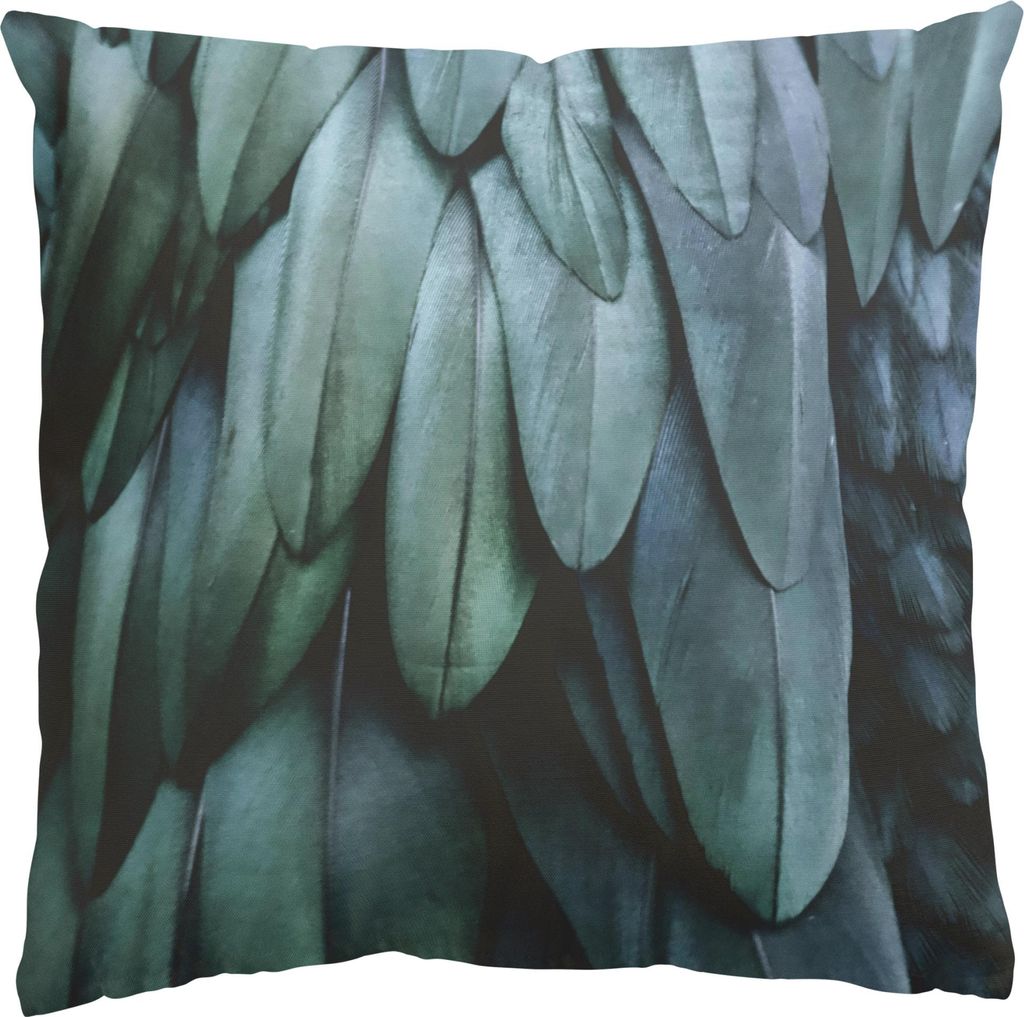 Dekokissen Federn draußen / Outdoor Zierkissen waschbar Design petrol Motiv Sofakissen mit Füllung