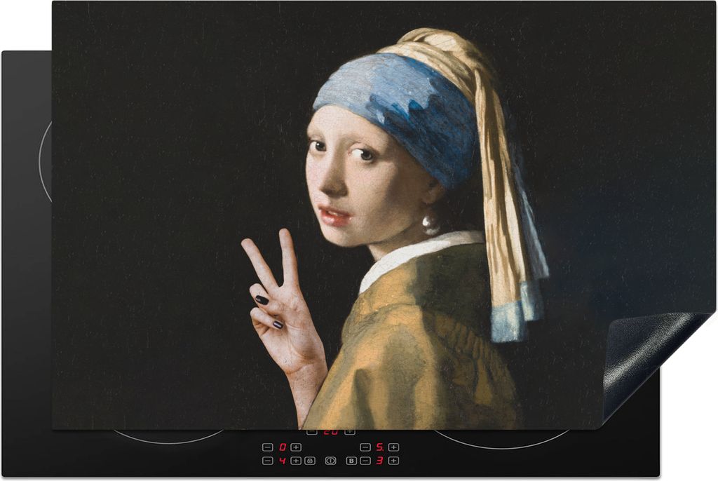 KitchenYeah Herdabdeckplatte Das Mädchen mit dem Perlenohrring - Johannes Vermeer - Frieden , 81x52cm, Küche Deko, Glaskeramikfeld Herdabdeckun...