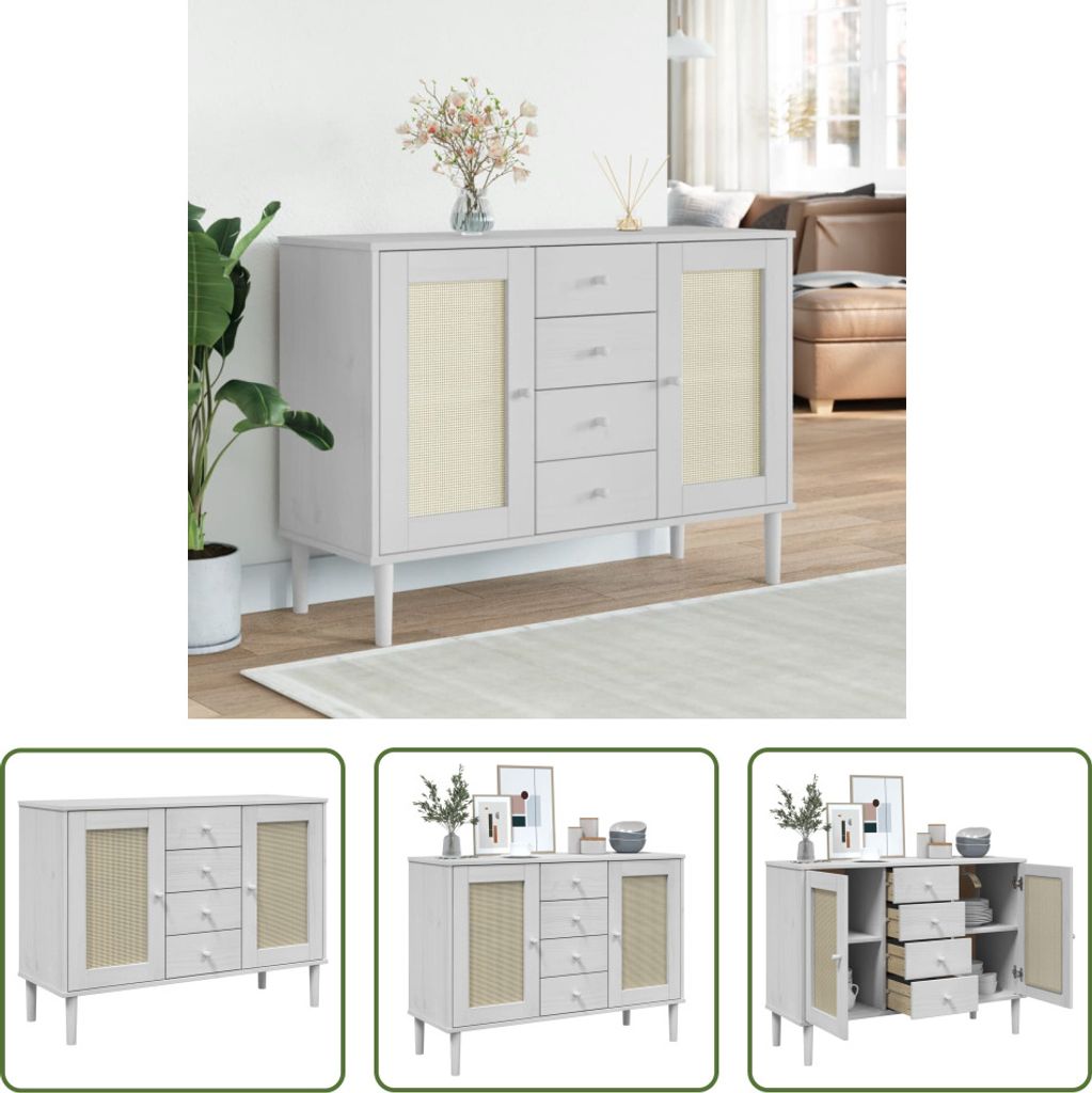 The Living Store Sideboard SENJA Rattan-Optik Weiß 112x40x80 cm Kiefernholz