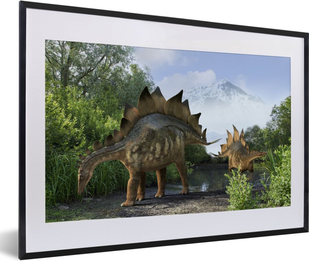 MuchoWow Gerahmtes Poster Dinosaurier - Berg - Wald - Illustration - Jungen - Kinder - Kleiner Junge 60x40 cm - Poster mit Schwarzem Bilderrahmen...