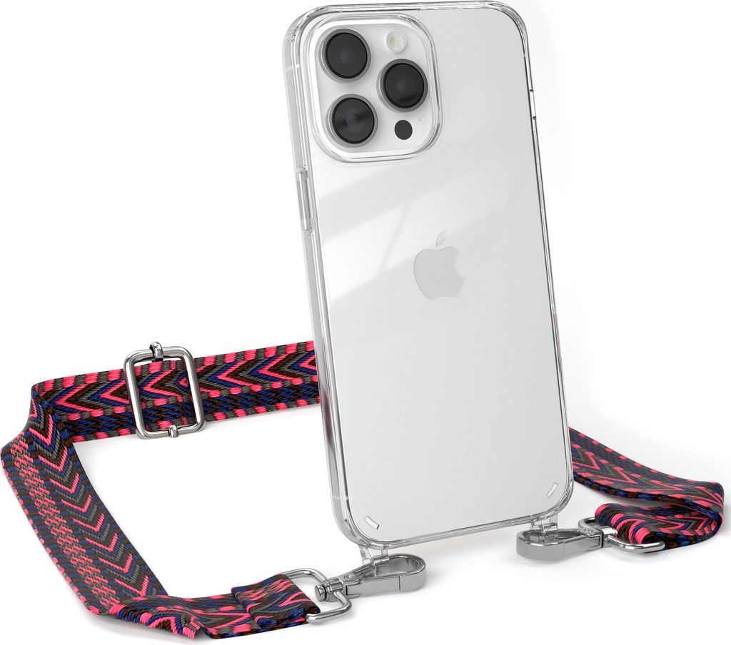 EAZY CASE Handykette - Verstellbarer Trageriemen kompatibel mit Apple iPhone 14 Pro Max, Handykordel mit transparenter Silikon-Hülle, Band in Rosa