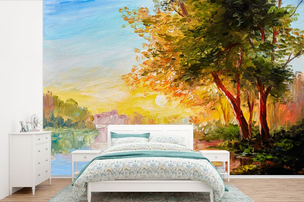 MuchoWow Fototapete für Wohnzimmer oder Schlafzimmer Wandtapete Vinyl Motivtapete Natur - Malerei - Baum - Wasser - 600x400 cm - Vinyltapeten