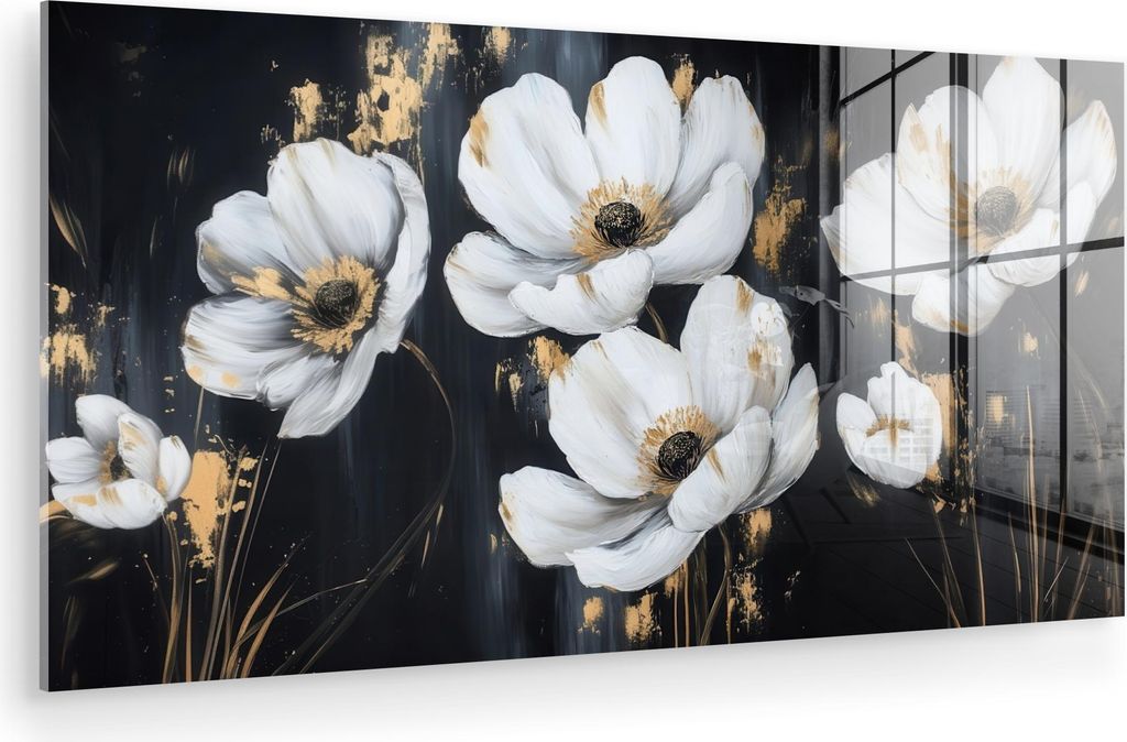 MuchoWow Glasbilder - Bilder auf Wandbild - Foto auf Glas Blumen - Weiß - Abstrakt 120x60 cm Wanddekoration aus Glas - Acrylglasbild - Acrylbilder...