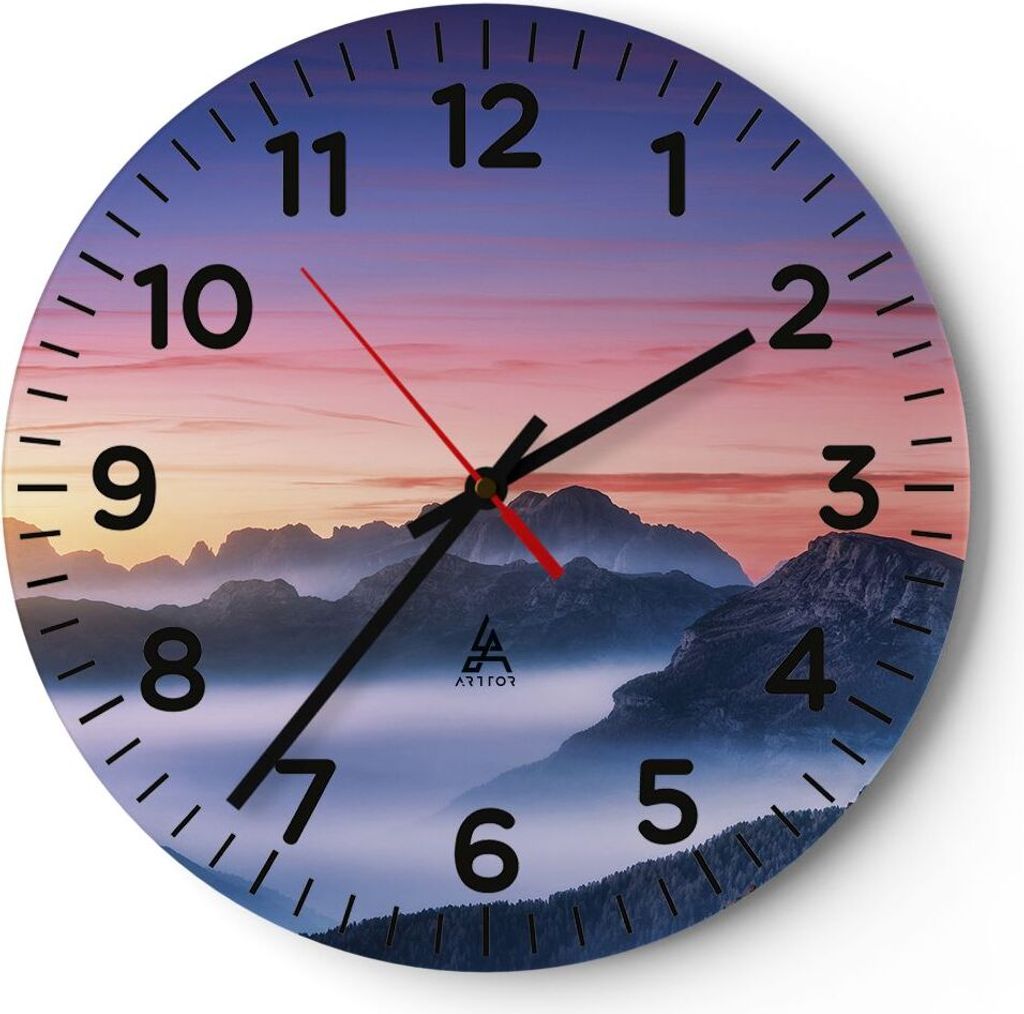 Wanduhr - Rund - Glasuhr - Westen Sonne Berge - 40x40cm - Schleichendes Uhrwerk - Lautlos - zum Aufhängen bereit - Dekoration Modern - Wanddekorat...