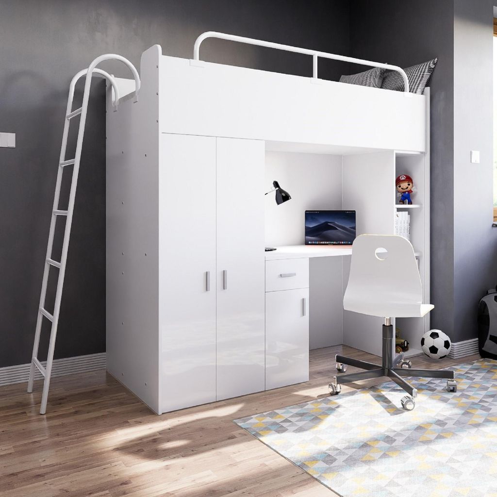 Marlux-Meble Hochbett JSM-4 80x190 mit Kleiderschrank Schreibtisch und Leiter Hochglanz Kinderbetten Funktionsbett Etagenbett Stockbett Kinderhochb...