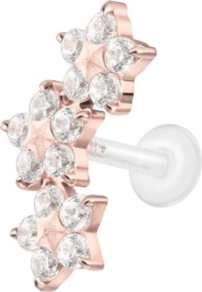 Ohrpiercing, Nasenpiercing PTFE Labret mit Innengewinde + Titan-Aufsatz 3 KRISTALLBLUMEN RoséGold Stablänge: 10mm | Stabstärke: 1,2mm
