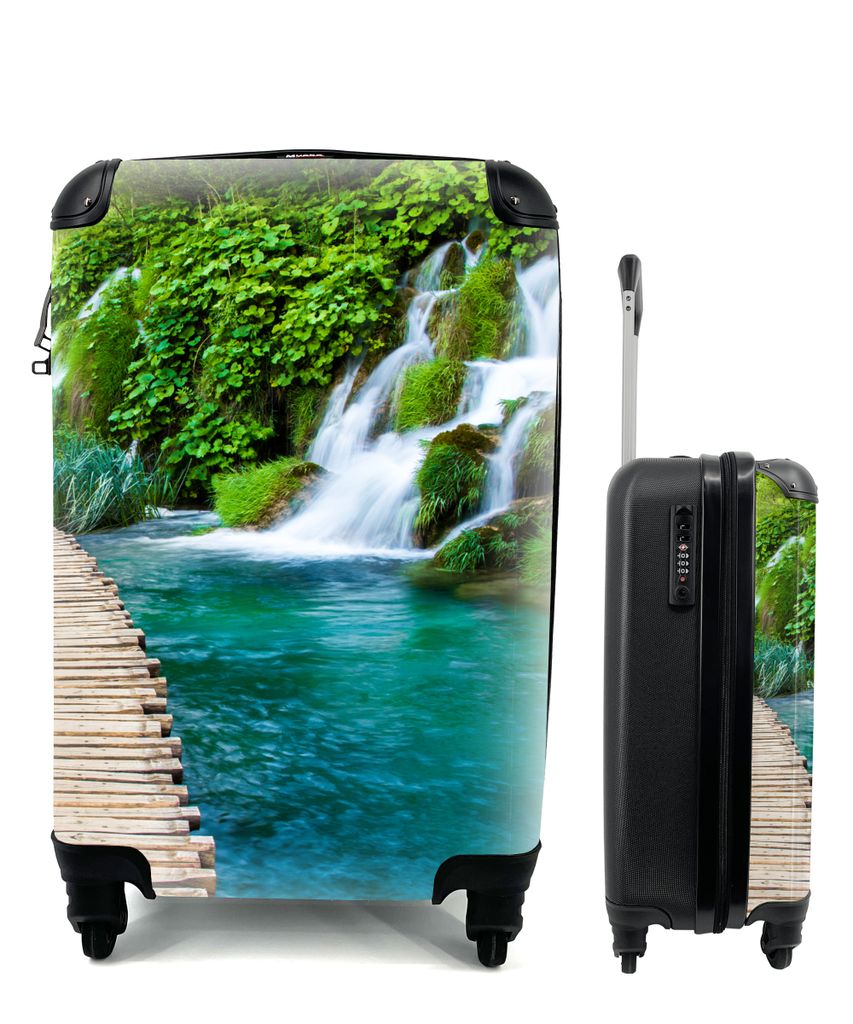 MuchoWow Koffer Handgepäck Trolley Rollkoffer Kleine Reisekoffer mit 4 Rollen - Brücke - Wasser - Pflanzen - Wasserfall - Grün - Cabin Size < ...