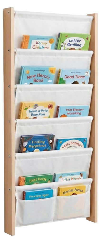 Relaxdays boekenrek met 7 stoffen zakken, voor wandmontage, Productafbeelding 