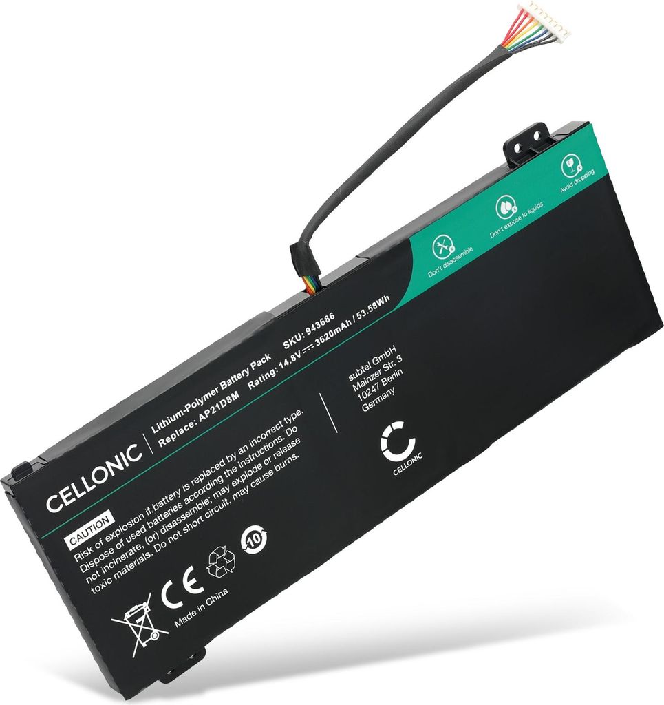 CELLONIC 1x Akku für Notebook Kompatibel mit Acer Nitro 5, Nitro V 15, Nitro 5 AN515-46, AP21D8M - (3620mAh, 14.8V)