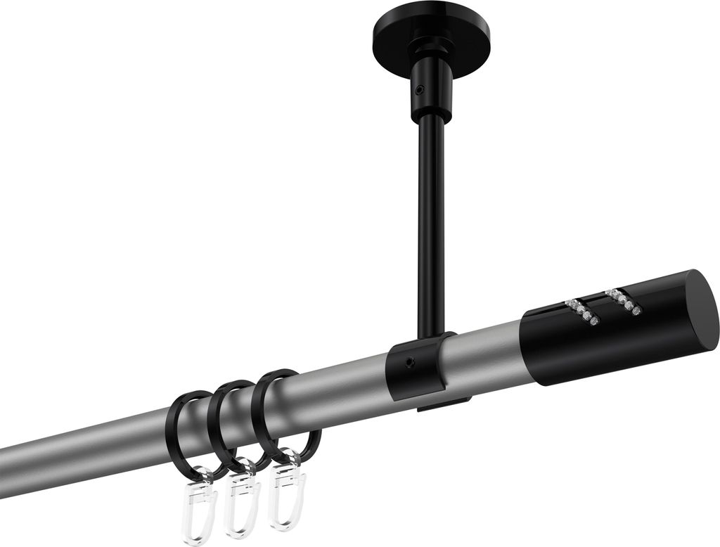 Interdeco Gardinenstange / Vorhangstange Silbergrau / Schwarz, Typ Sonette Zoena (Glitzerzylinder) Deckenmontage, 20 mm Ø 1-läufig, 600 cm