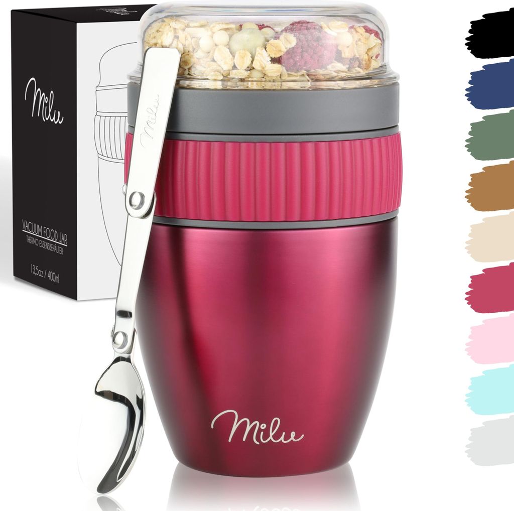 Milu Müslibecher to go 400ml I isolierter Edelstahl Joghurtbecher für Müsli I auslaufsicherer Becher mit Löffel für Yoghurt/Porridge (Berry)