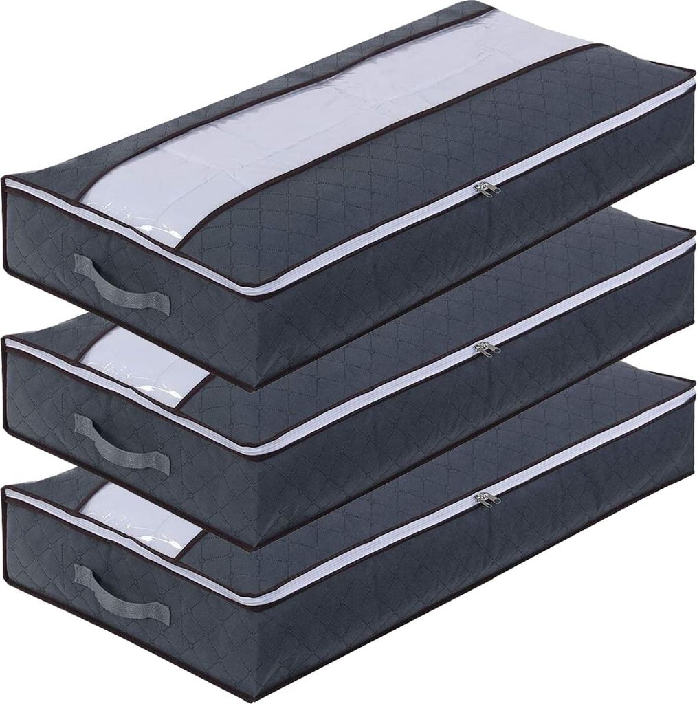 Große faltbare Aufbewahrungstaschen für unter das Bett - Set von 3 grau - Für Kleidung, Bettdecken, Decken und Bettwäsche mit stabilen Reißver...