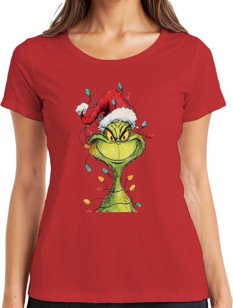 Grinch böser Grinser Lichterkette Weihnachten Geschenk retro Damen T-Shirt, Rot, 3XL