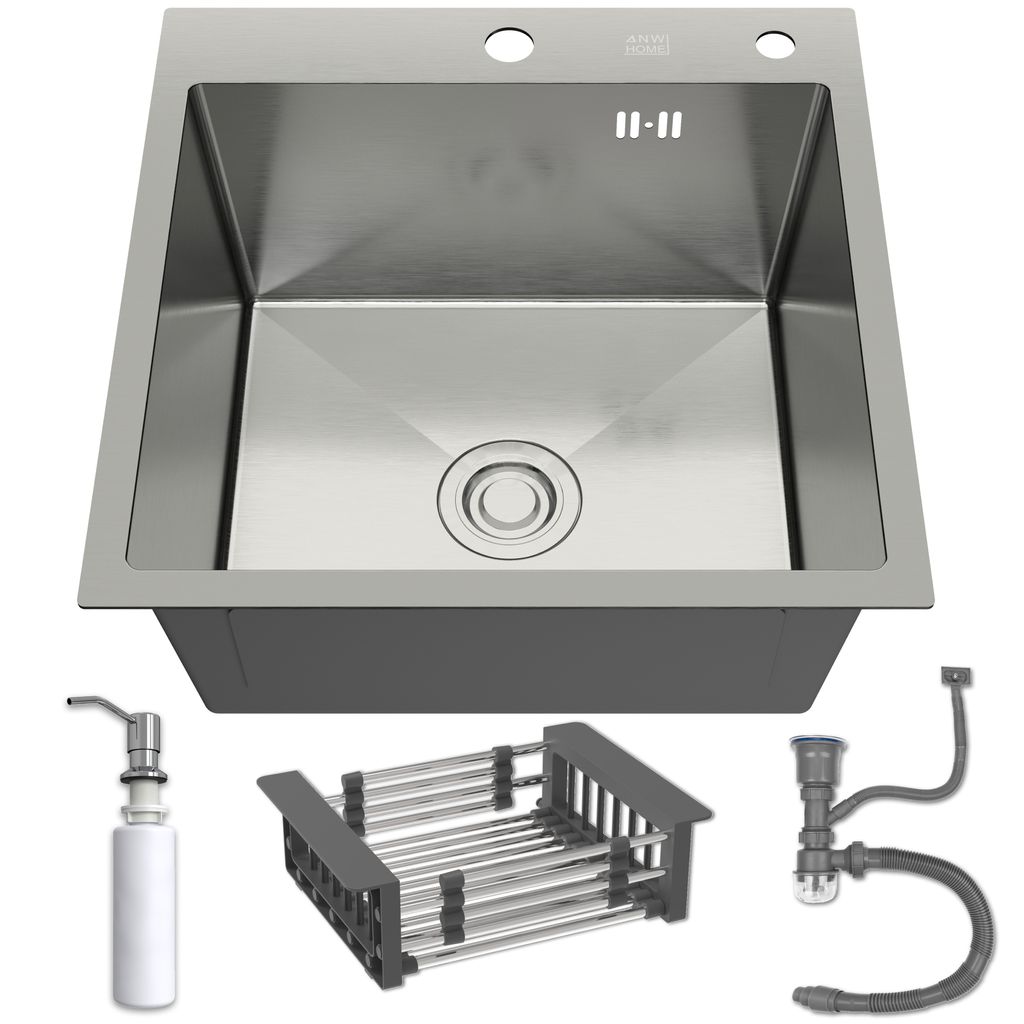 ANW HOME Edelstahl Küchenspüle 50x50 cm Dunkelgraphit – Einbauspüle 1 mm stark, 22 cm tief, mit Siphon, Seifenspender & Abtropfkorb