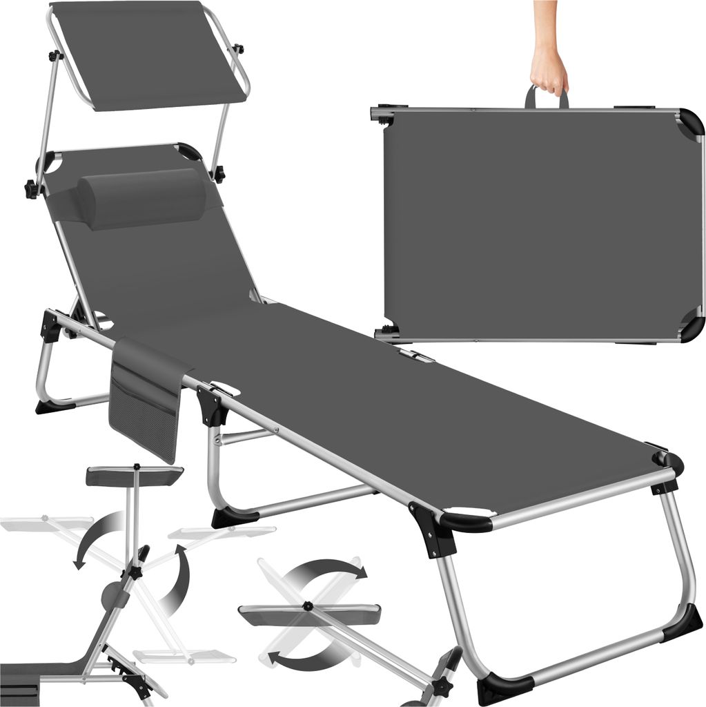 A gray foldable sun lounger with a headrest and a side pocket, shown in its unfolded state and also folded into a carrying case. Diagrams illustrating its adjustable features are also present.