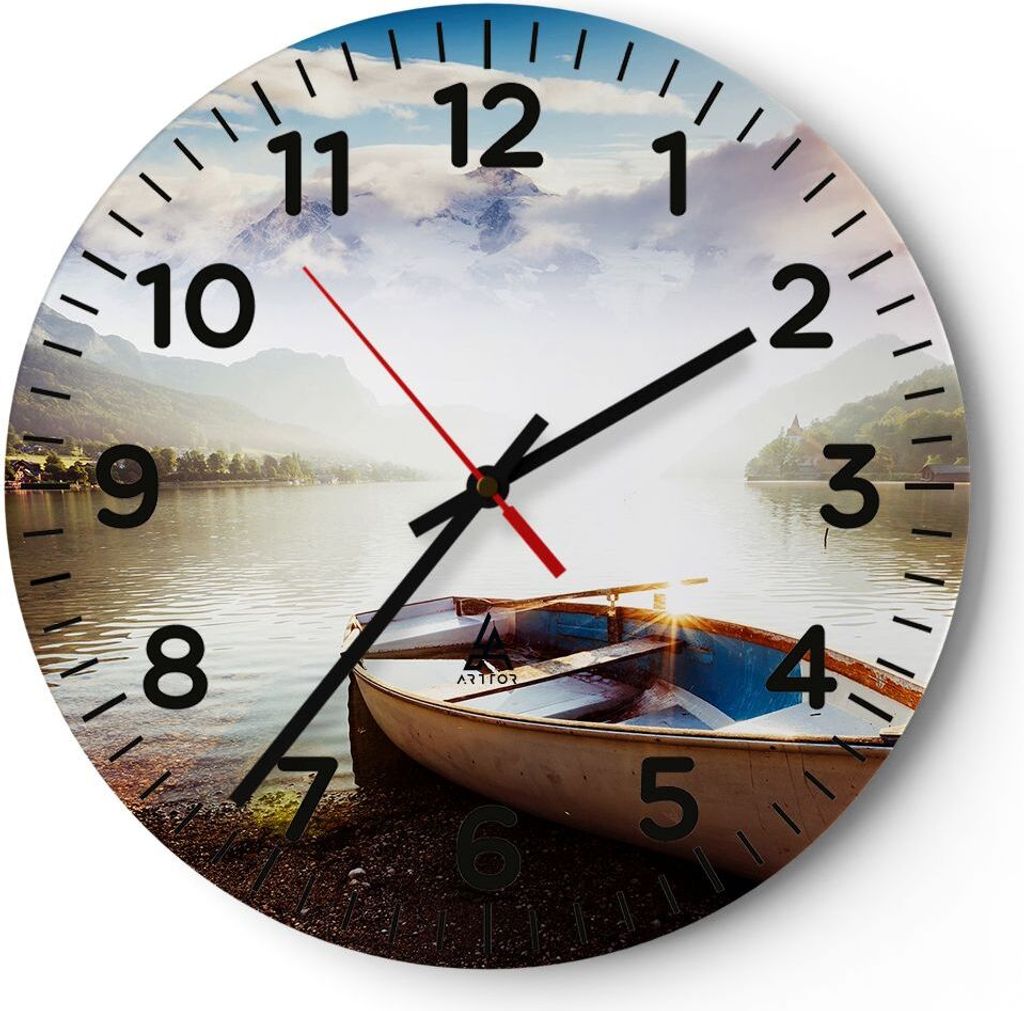 Wanduhr - Rund - Glasuhr - Berge See Boot - 40x40cm - Schleichendes Uhrwerk - Lautlos - zum Aufhängen bereit - Dekoration Modern - Wanddekoration ...