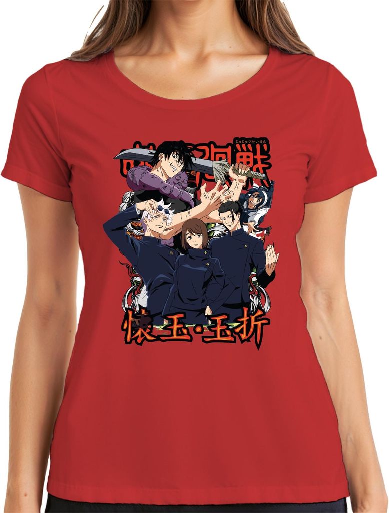 Jujutsu Kaisen Anime Manga Fluchmagie Sukuna Gojo Yuji Geschenk Damen T-Shirt, Rot, S