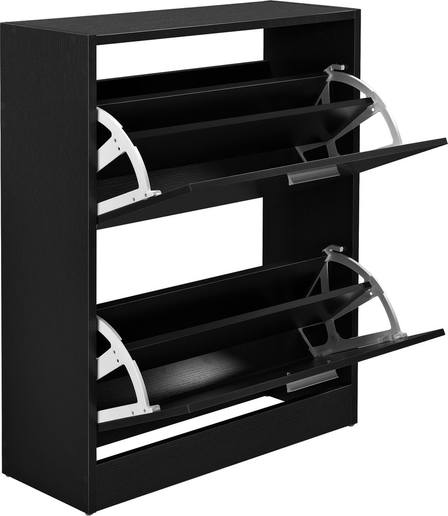 A black shoe cabinet with two flip-out drawers, shown from a slightly angled front view.