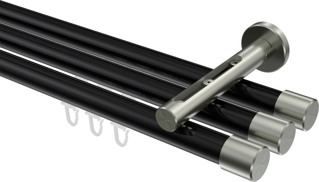 Interdeco Innenlaufstange / Gardinenstange mit Innenlauf Schwarz / Edelstahl-Optik, Typ Siteno Santo (Kappe), 20 mm Ø 3-läufig, 240 cm