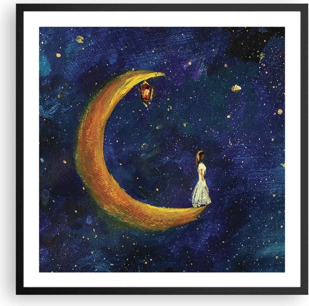 Gerahmtes Poster - Schwarzer Rahmen - Mädchen auf der Mond - 60x60 cm - Wand Bild - Wanddeko - Wandbilder - Kunstposter - Wandposter - Bilderrahme...