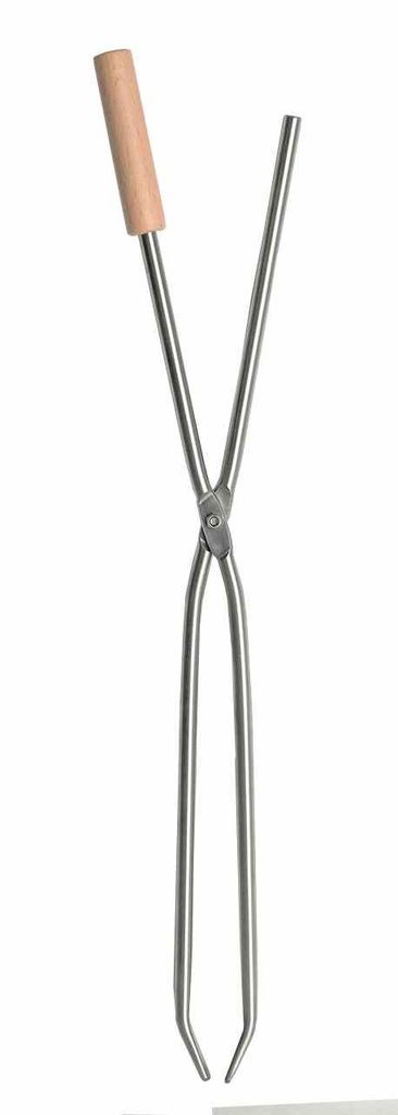 A pair of stainless steel tongs with a wooden handle, presented against a white background.