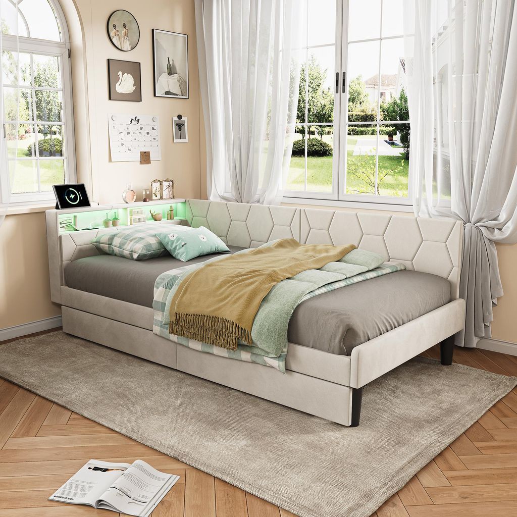 ProximaX Praktisches Polsterbett 90x200 cm mit Stauraumschubladen & kuscheligem Velours, ideal für Gäste- und Jugendzimmer, in Beige