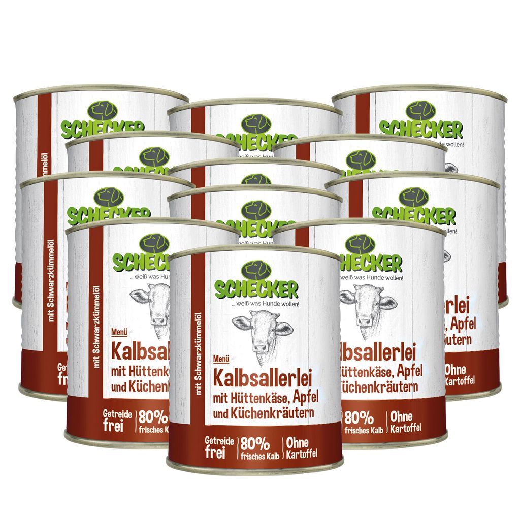 12x820g Schecker Hundemenü - 80% Kalb mit Hüttenkäse, Apfel und Schwarzkümmelöl - Nassfutter