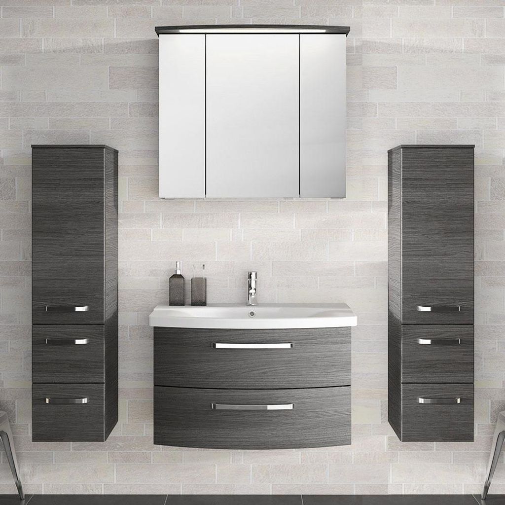 Badezimmer-Set mit 80cm Keramik Waschtisch, Spiegelschrank & 2 Midischränken FES-4010-60 Graphit Struktur