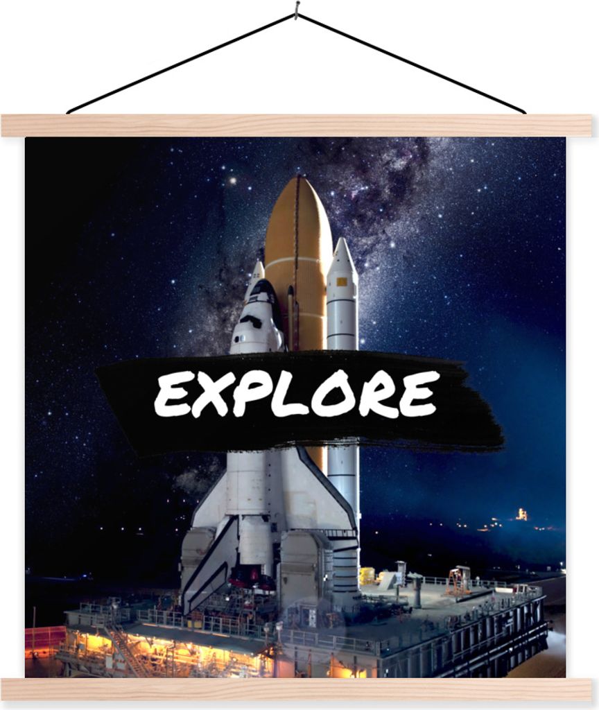 MuchoWow Textilposter Weltraum - 'Erforschen' - Zitate - Sprichwörter - Kinder - Kinder - Jungen 120x120 cm mit holzfarbenen Rahmen - Textil-Poster