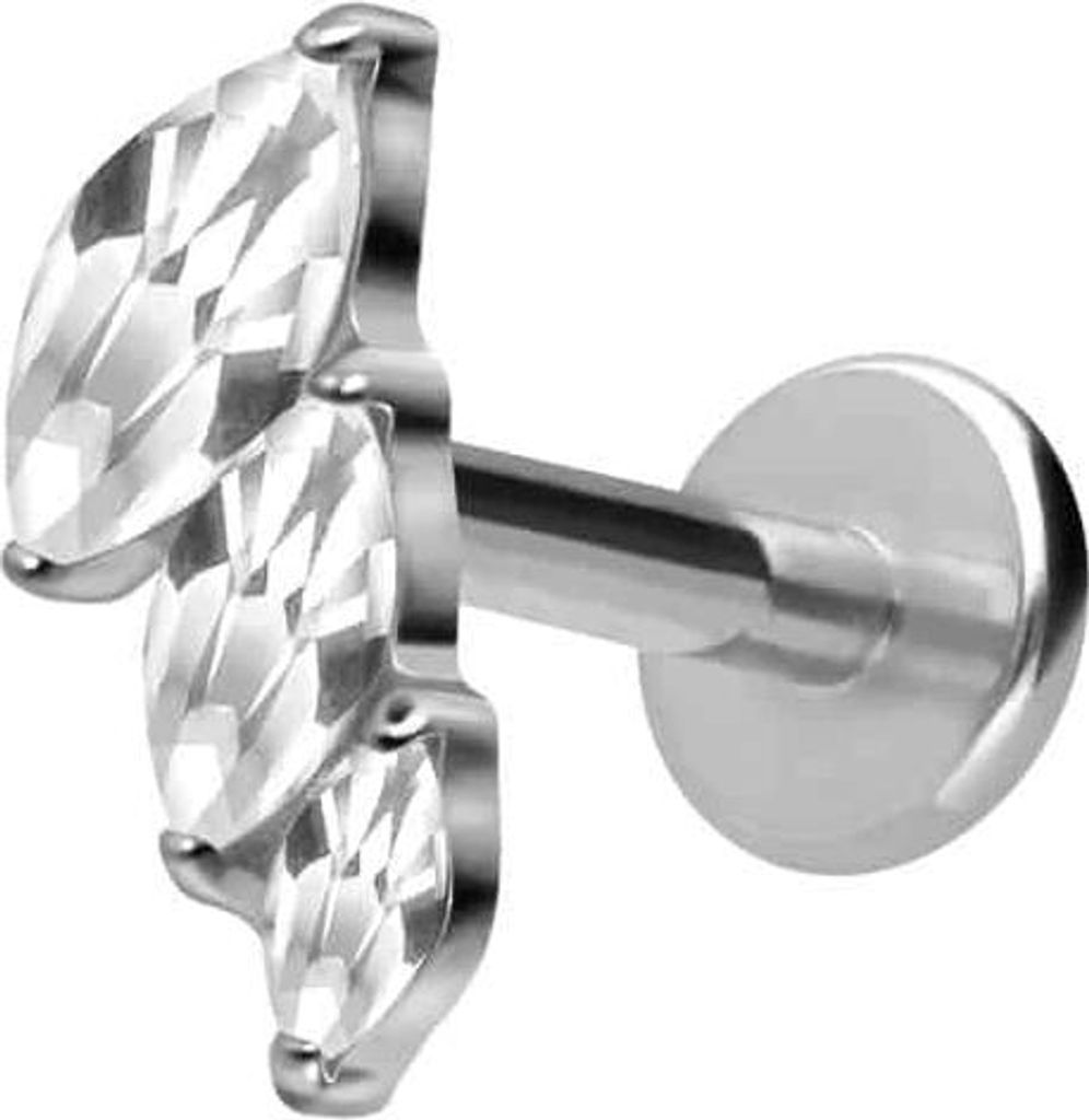 Ohrpiercing, Nasenpiercing Titan Labret mit Innengewinde 3 EINGEFASSTE KRISTALLTROPFEN Silber Stablänge: 7mm | Stabstärke: 1,2mm