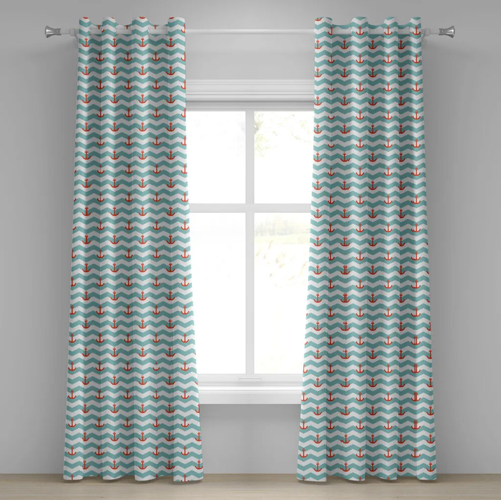 Rideau Turquoise et Rouge à Motifs Géométriques Tuiles avec Oeillets
