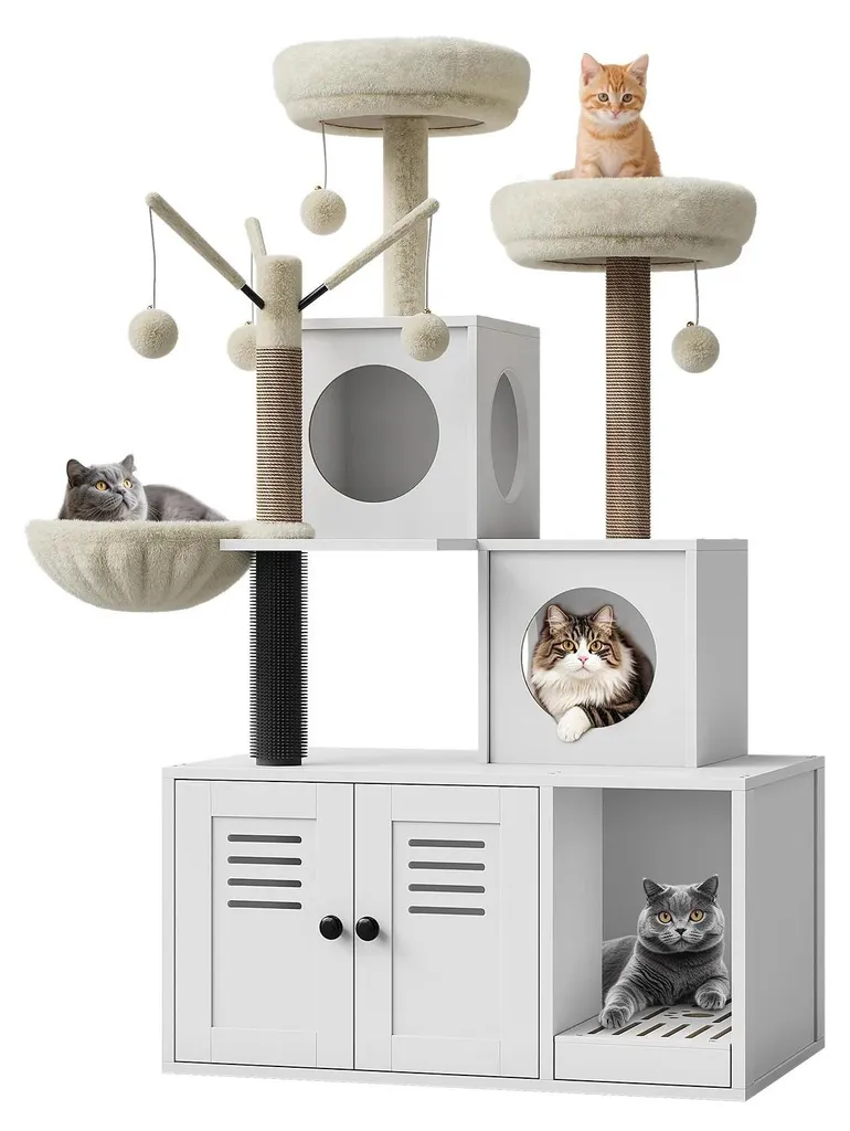 Arbre à chat avec tour d'escalade 5 niveaux et bac à litière Blanc 8104