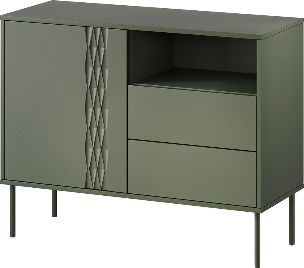 MIRJAN24 Kombikommode Tresse 1D2S, Wohnzimmer Kommode mit Drehtür und zwei Schubladen, Metallfüße (Farbe: Grün)