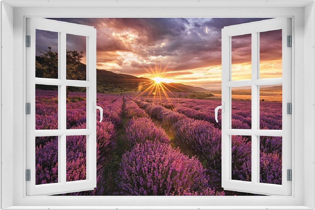 Wallario Wandbild mit Fenster-Illusion: Lavendelfeld bei Sonnenuntergang - Sonnenstrahlen, Größe: 61 x 91,5 cm, Poster mit rahmenlosen Bildhalter