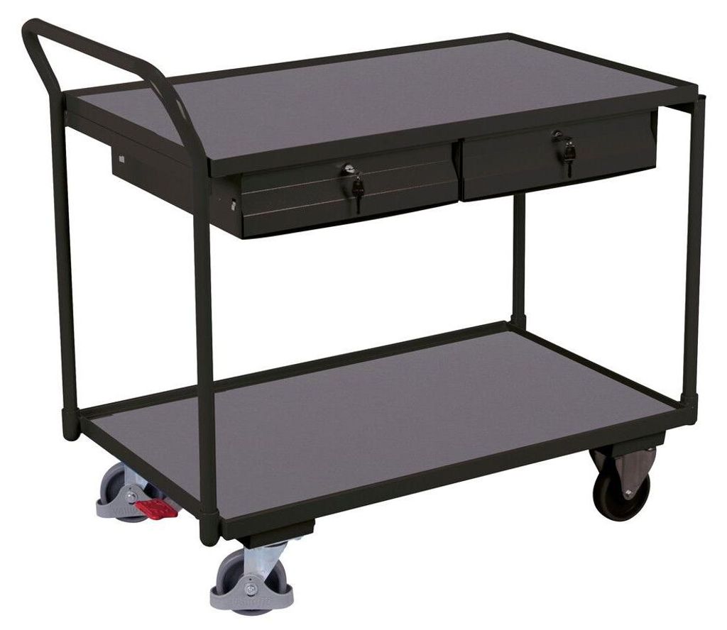 VARIOfit Tischwagen mit gebogenem Schiebegriff, 2 Schubladen und 2 Ladeflächen 985x595mm RAL 7016 Anthrazitgrau