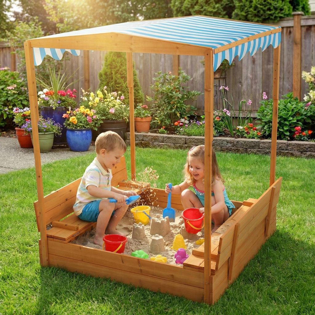 FCH Sandkasten mit Dach & Sitzbänken ,Kindersandkasten, Sandkasten Garten, Sandkasten mit Sitzbank,Holzspielsandkasten für Kinder 118x118x145cm