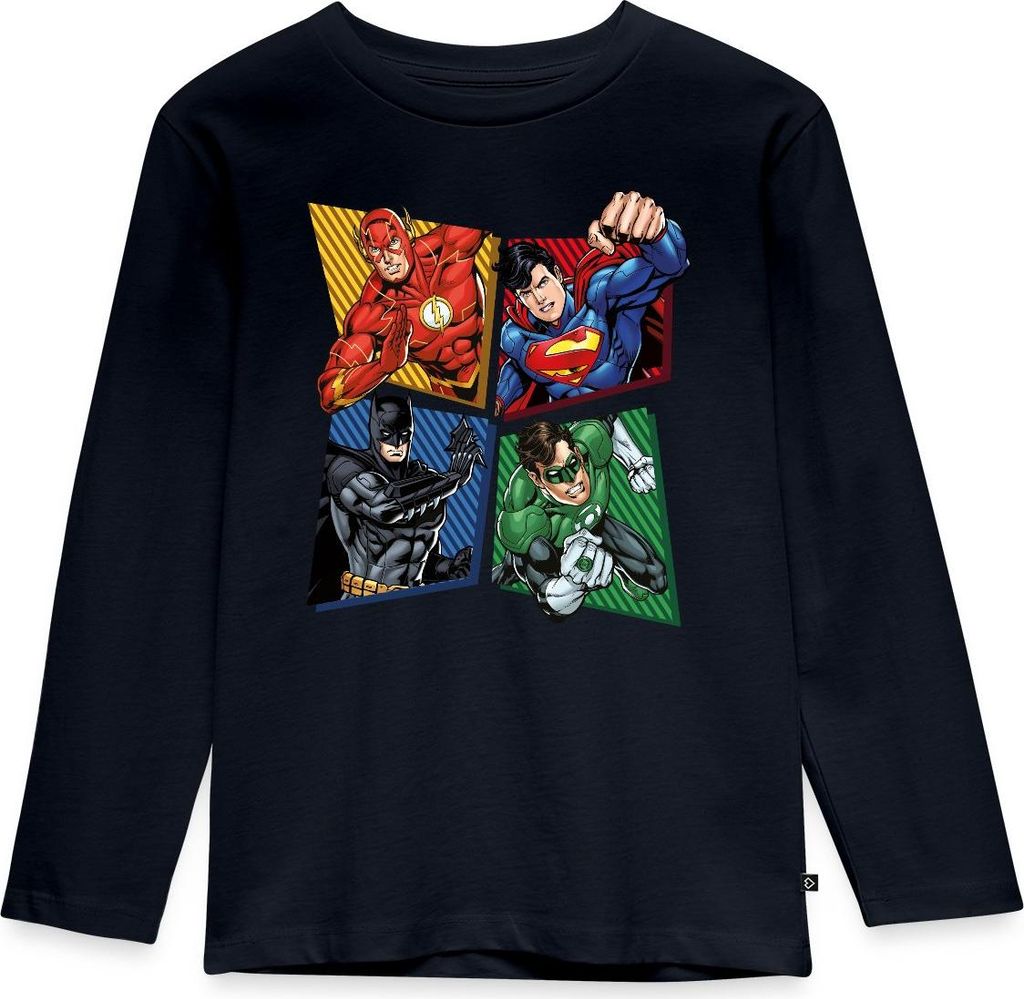 Spreadshirt DC Comics Justice League Superhelden Kinder Premium Langarmshirt, 98/104 (2 Jahre), Navy