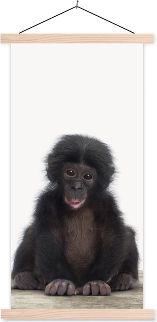 MuchoWow Textilposter Kind - Affe - Schimpanse - Babytiere - Jungen - Mädchen 60x120 cm mit holzfarbenen Rahmen - Holz