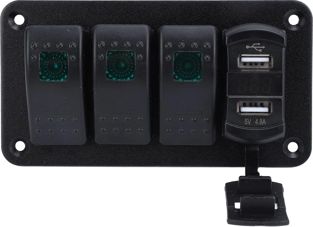 Panneau Aluminium Multifonction 12V/24V 3 Switchs et Voltmètre LED Verte