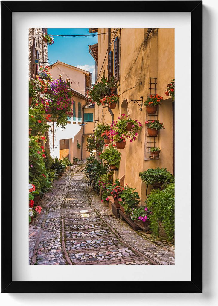 Blumenstraße in der Stadt Umbrien– Wandbild mit Rahmen – Gerahmtes Bild – Wanddekoration – 40x60 cm – Schwarz