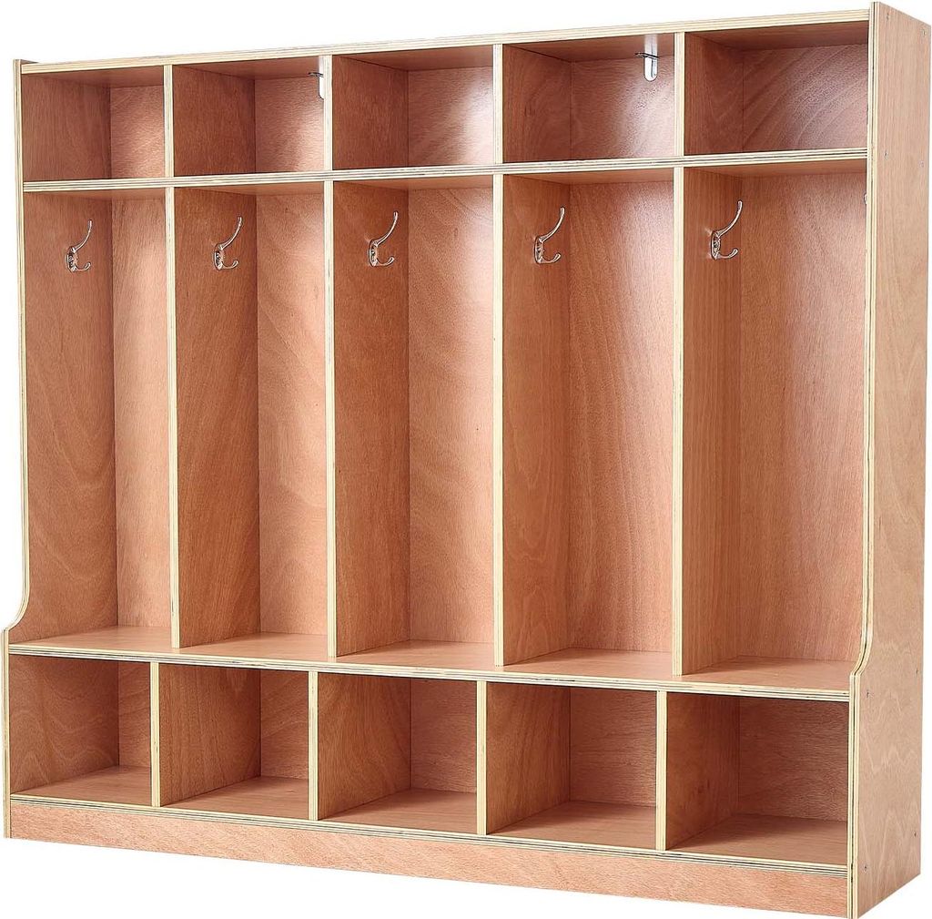 SucceBuy Offener Kinderkleiderschrank aus Holz mit 10 Haken und 15 Fächern (5 große und 10 kleine), Garderoben- und Aufbewahrungsregal für Kinde...