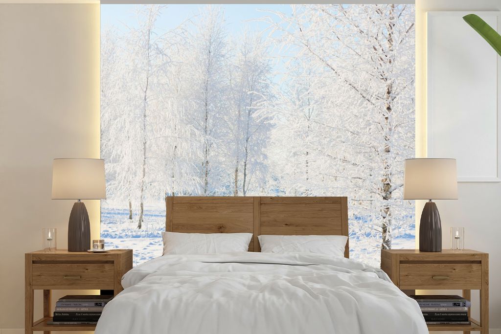 MuchoWow Fototapete für Wohnzimmer oder Schlafzimmer Wandtapete Vinyl Motivtapete Schnee - Bäume - Winter - 260x260 cm - Papiertapeten